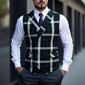 Men's Vest Waistcoat Cocktail Attire Formal Wedding Vacation Business Fashion Classic Spring Fall Pocket Buttons Polyester Comfortable Plaid Single Breasted V