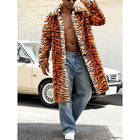 Men's Winter Jacket Faux Fur Coat Vacation Daily Thermal Warm Fleece Fall Winter Tiger Skin Fashion Streetwear Lapel Long Orange Jacket
