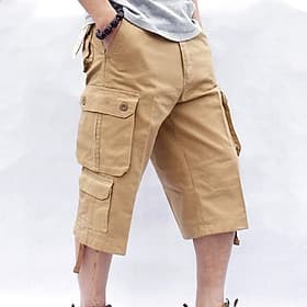 Men's Capri Cargo Shorts Leg Drawstring Multi Pocket Plain Calf-Length Streetwear Classic Style Black Army Green