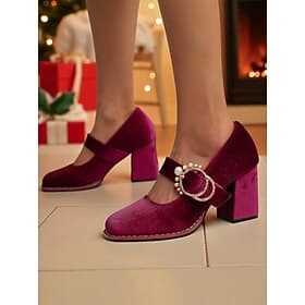 Women's Burgundy Velvet Mary Jane Heels with Chunky Block Heel and Pearl Buckle - 1950s Vintage Retro Dress Shoes for Ladies, Perfect for Christmas Parties, We