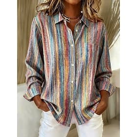 Women's Shirt Blouse Patchwork Buttons Print Graphic Geometric Plaid Vintage Tropical Daily Long Sleeve Shirt Collar Regular Tops Daily Blue Red Light Purple P