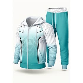 Men's Hoodie Tracksuit 2 Piece Tracksuit Drawstring Zip Up Geometric Clothing Suit Fall Winter Blue Vocation Outdoor Travel Lightweight Fashion Long Sleeve Spo