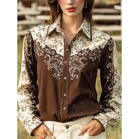 Women's Shirt Blouse Patchwork Buttons Print Graphic Paisley Abstract Vintage Western Casual Long Sleeve Shirt Collar Regular Tops Daily Brown Beige Summer Spr