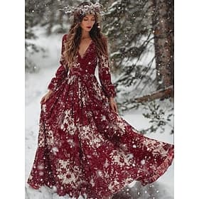 Women's Snowflake Maxi Dress Pleated Dress Party Casual Boho Daily Date Going out Regular Fit Graphic Long Sleeve V Neck Wine Green Fall Winter