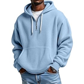 Men's Hoodie Waffle Hoodies Quarter Zip Hoodie Wine Army Green Khaki Light Grey Dark Gray Hooded Plain Drawstring Pocket Daily Sports  Outdoor Holiday Polyeste
