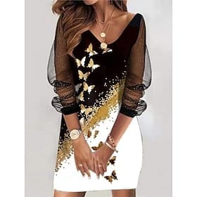 Women's Mini Dress Shift Dress Casual Daily Holiday Regular Fit Ombre Floral Butterfly Long Sleeve V Neck Black White Purple Gold Spring Fall