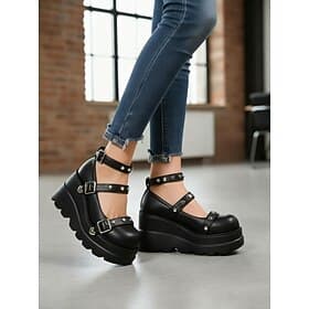 Women's 1980s Black Platform Mary Jane Shoes with Buckles and Heart Studs – Gothic Punk Lolita Style for Halloween, Cosplay and Night Out