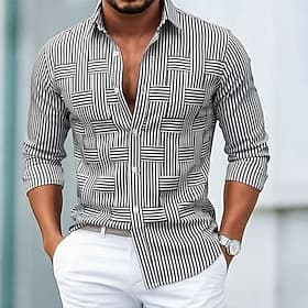 Men's Shirt Casual Shirt Button Up Shirt Black Blue khaki Long Sleeve Stripes and Plaid Lapel Casual Daily Weaving Clothing Apparel Fashion Designer