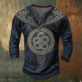 Homme Serpent Viking Chemise Henley T-shirt manche longue ancien Mode Viking Occasionnel Fête Sortir Automne Printemps  Automne Gris foncé bleu marine Henley T
