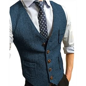 Men's Tweed Vest Waistcoat Formal Wedding Vacation Daily Fashion Classic Spring Fall Pocket Buttons Comfortable Herringbone Single Breasted V Neck Tailored Fit
