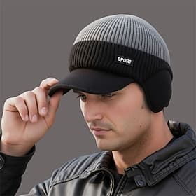 Men's Unisex Ear Flap Hat Flat Cap Winter Hats Knit Hat Winter Beanie Black Navy Blue Polyester Knitted Cozy Daily Wear Going out Color Block Warm