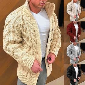 Men's Cable Knit Jumper Sweater Cardigan Sweater Cable Knit Regular Tops Knitted Plain Standing Collar Modern Contemporary Casual Casual Holiday Clothing Appar