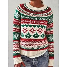 Women's Christmas Sweater Fair Isle Sweater Sweater Pullover Vintage Daily Casual Floral Ribbed Crew Neck Knitted Print Long Sleeve Regular Tops Knit Outdoor W