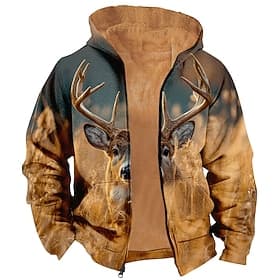 Men's Deer Fleece Hoodie Jacket Sweatshirt Classic Hunting Long Sleeve Crew Neck Outdoor Camping Brown Zip Up Fall Winter Designer S M L XL 2XL 3XL