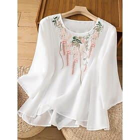 Women's Petite Shirt Embroidered Plain Bohemia Cute Stylish Half Sleeve Puff Sleeve Round Neck Regular Tops Daily Going out Weekend White Light Green Pink Summ