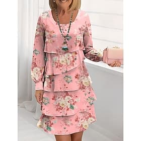 Easter Women's Knee Length Dress Casual Dress Chiffon Dress Shift Dress Layered Dress Elegant Vacation Stylish Regular Fit Floral Long Sleeve Crew Neck Pink Pu