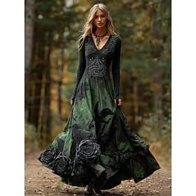 Women's Maxi Dress A Line Dress Pleated Dress Fit And Flare Dress Boho Date Regular Fit Floral Graphic Long Sleeve V Neck Green Spring Fall Winter