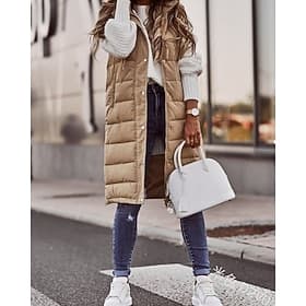 Women's Winter Coat Down Jacket Vest Warm Comfortable Pocket Buttons Casual Plain Outdoor Vacation Street Casual Regular Long Hooded Regular Fit Sleeveless Out