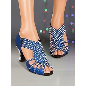 Women's Blue Rhinestone Professional Latin Dance Shoes, Sparkly Open-Toe Ballroom Heels, Elegant Performance  Competition Dance Shoes for Salsa and Tango