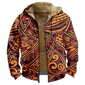 Men's Graphic Hoodie Jacket Fashion Ethnic Casual Long Sleeve Hooded Outdoor Sports Outdoor Going out Light Brown Dark orange Red Orange Brown Pocket Print Fle