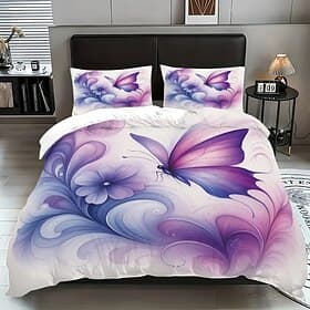 Purple Butterfly Floral 3-Piece Down Duvet Cover Set for Queen Bed, Soft Comforter Cover with 2 Pillowcases – Hotel  Guest Room Bedding, Cozy  Comfortable