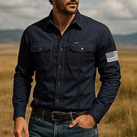 Men's American US Flag Patriotic Work Shirt Western Shirt Cargo Shirt Long Sleeve Tactical Vintage Retro Sports Outdoor WorkWear Spring Fall Turndown Front Two