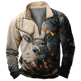 Men's Deer Sweatshirt Sports Fashion Daily Casual Long Sleeve Zip Outdoor Home Party Work Streetwear Black Yellow Brown Fall All Seasons Designer S M L XL XXL