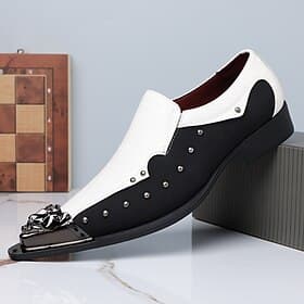 Men's Black and White Pointed-Toe Dress Shoes with Stud Detail and Metal Cap Toe, Fashion Formal Loafers for Stylish Men, Ideal for Weddings, Parties, Banquets