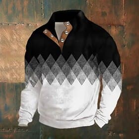 Men's Plaid Patchwork Sweatshirt Fashion Daily Simple Casual Long Sleeve High Neck Vacation Going out Black Blue Buttons Fall Winter Designer S M L XL XXL 3XL