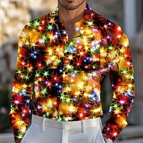 Christmas Men's Sparkling Glitter Christmas Light Shirt Satin Shirt Dress Shirt Long Sleeve Fashion Casual Outdoor Party Holiday Spring Fall Turndown 3D Print