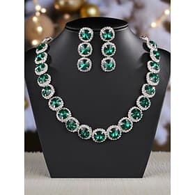 Women's Emerald Green Rhinestone Jewelry Set for Christmas Party, Elegant Crystal Necklace and Drop Earrings Set for Formal Evenings  Holiday Celebrations