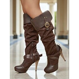 Women's Brown Medieval Over-the-Knee Boots with High Stiletto Heels and Buckle Strap Design, Vintage Renaissance Style Fashion Boots for Costume Parties, Cospl