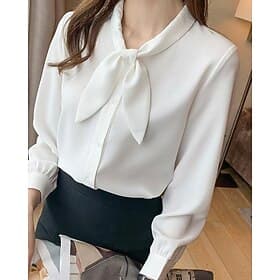 Women's Shirt Elegant Satin Top Blouse Bow Plain Stylish Long Sleeve Crew Neck Regular Tops Holiday Going out Blue White Spring Fall