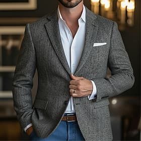 Men's Tweed Blazer Tuxedo Notch Collar Fashion Classic Casual Herringbone Blazer grey brown Black Grey Tailored Fit Single Breasted Two-buttons