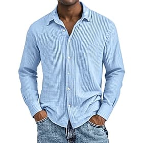 Men's Shirt Texture Casual Shirt Button Up Shirt Black White Navy Blue Sky Blue Brown Long Sleeve Plain Lapel Casual Daily Clothing Apparel Elegant Fashion Cas
