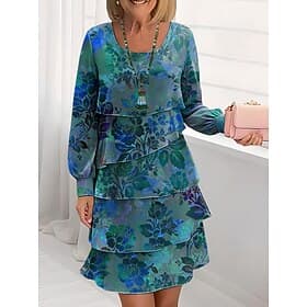 Women's Knee Length Dress A Line Dress Layered Dress Casual Regular Fit Floral Graphic Long Sleeve Crew Neck Blue Yellow Red Purple Spring Fall Winter