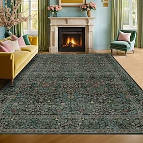 Dark Green Area Rug For Living Room And Bedroom Bohemian Floral Faux Wool Soft Non-Slip Floor Carpet Bedside Rug Balcony Home Decoration Vintage Floral Low Pil