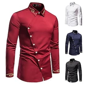Men's Shirt Casual Shirt Button Up Shirt Designer Shirt Embroidered Shirt Black White Red Navy Blue Long Sleeve Plain Collar Vacation Casual Embroidered Clothi