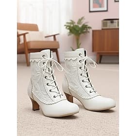 Women's White Victorian Lace-Up Ankle Boots with Low Heels and Scalloped Trim, 1920s Vintage Retro Edwardian Style Fashion Shoes for Daily Wear, Cosplay  Weddi