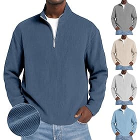 Men's Corduroy Shirt Textured Casual Outdoor Quarter Zip Long Sleeve Fashion Modern Solid Color Warm Corduroy Fall Spring   Fall Fall  Winter Regular Fit Blue
