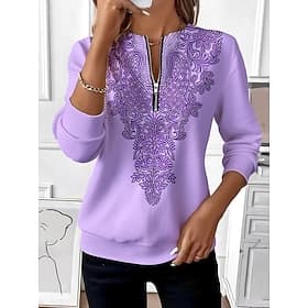 Women's Pullover Sweatshirt Zip Up Sweatshirts Zipper Print Floral Graphic Tribal Fashion Casual Long Sleeve Crew Neck Regular Tops Street Dailywear Black Purp