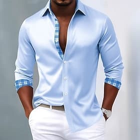 Homme Grille / Carreaux Formes Géométriques Chemise Chemise en satin Chemise habillée manche longue Vêtement décontracté de travaile Vacances Tenue Quotidienne