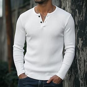 Men's T Shirt Ribbed Knit tee Tee Top Long Sleeve Shirt Long Sleeve Henley Spring Fall Winter Plain Pit Strip Fashion Designer Basic Knitting Vacation Street C
