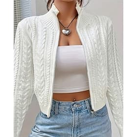 Damen Pullover Strickjacke Elegant Mode Niedlich Einfarbig Stehkragen Reißverschluss Gestrickt Druck Langarm Normale Oberteile Stricken Outdoor Täglich Ferien