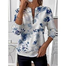 Women's Pullover Sweatshirt Zipper Print Floral Graphic Fashion Casual Long Sleeve Round Neck Regular Tops Street Dailywear Blue Purple Fall Winter