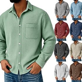 Voor heren Wafel Shirt Normaal shirt Overhemd met knopen Wafel gebreid overhemd blauw Wijn Marineblauw Groen khaki Lange mouw Effen Strijkijzer Casual Dagelijk