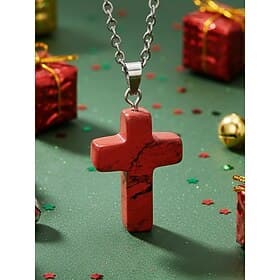 Men's Christmas Natural Stone Cross Pendant Necklace, Available in Multiple Colors, Stylish and Trendy Design, Perfect for Holiday Gifts