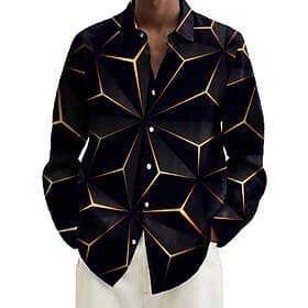 Men's Geometric Grid / Plaid Abstract Art Shirt Button Up Shirt Long Sleeve Fashion Casual Outdoor Dailywear Spring Fall Turndown 3D Print Collared Shirts Blac