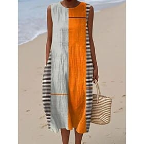 Abito midi da donna in lino simile Abito estivo A Line Abito da spiaggia Vacanza Casual Boho Andare fuori Vestibilità comoda Grafico Geometrico Senza maniche C