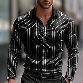 Men's Geometric Pattern Waves Abstract Art Shirt Satin Shirt Dress Shirt Long Sleeve Business Casual Vacation Dailywear Summer Spring Fall Turndown 3D Print Bu
